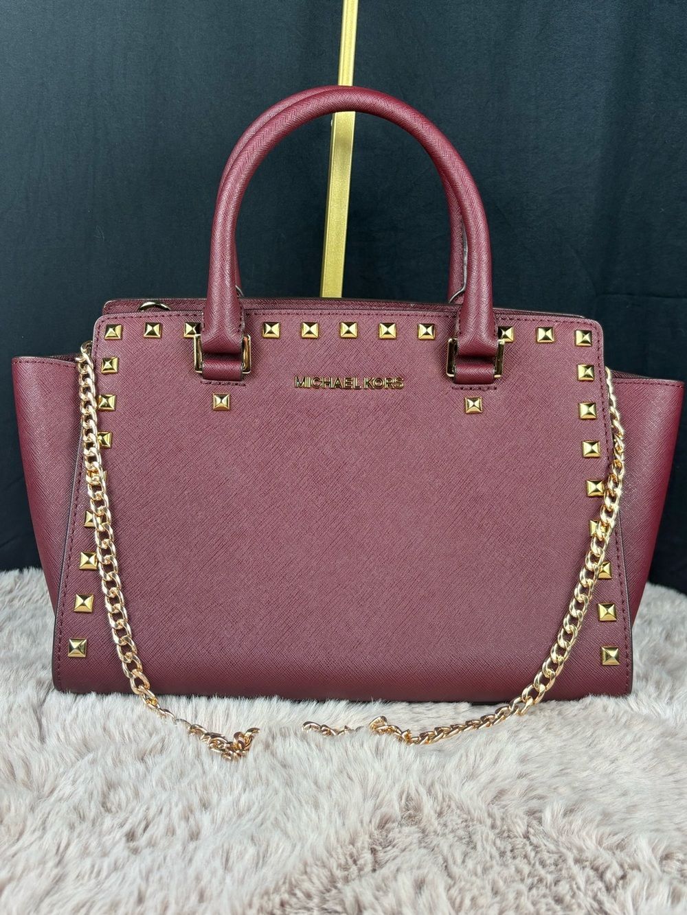 Michael Kors Sandrine Studded Saffiano Leather Satchel Burgundy